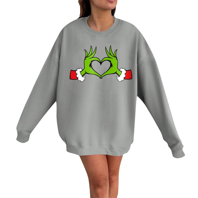 Chandail en Molleton Grinch pour Femmes Grande Taille Mode Décontractée Imprimé de Noël Manches Longues Col Rond Chandail Ample Chandails en Molleton Grinch Imprimé, P-3TG