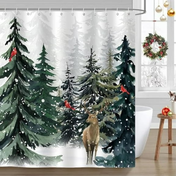 Winter Snowy Forest Shower Curtain Christmas Pine Tree Snowflake Cardinal Deer Shower Curtains for Bathroom Rustic Farmhouse Xmas Holiday Fabric Bath Curtains with Hooks 72x72 inch