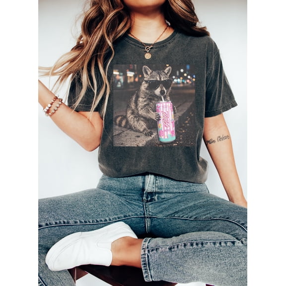 Raccoon Alani Drink Graphic Tee, Fun Animal Lover Shirt, Vintage Raccoons Shirt, Funny Genz Dank Raccoons Shirt