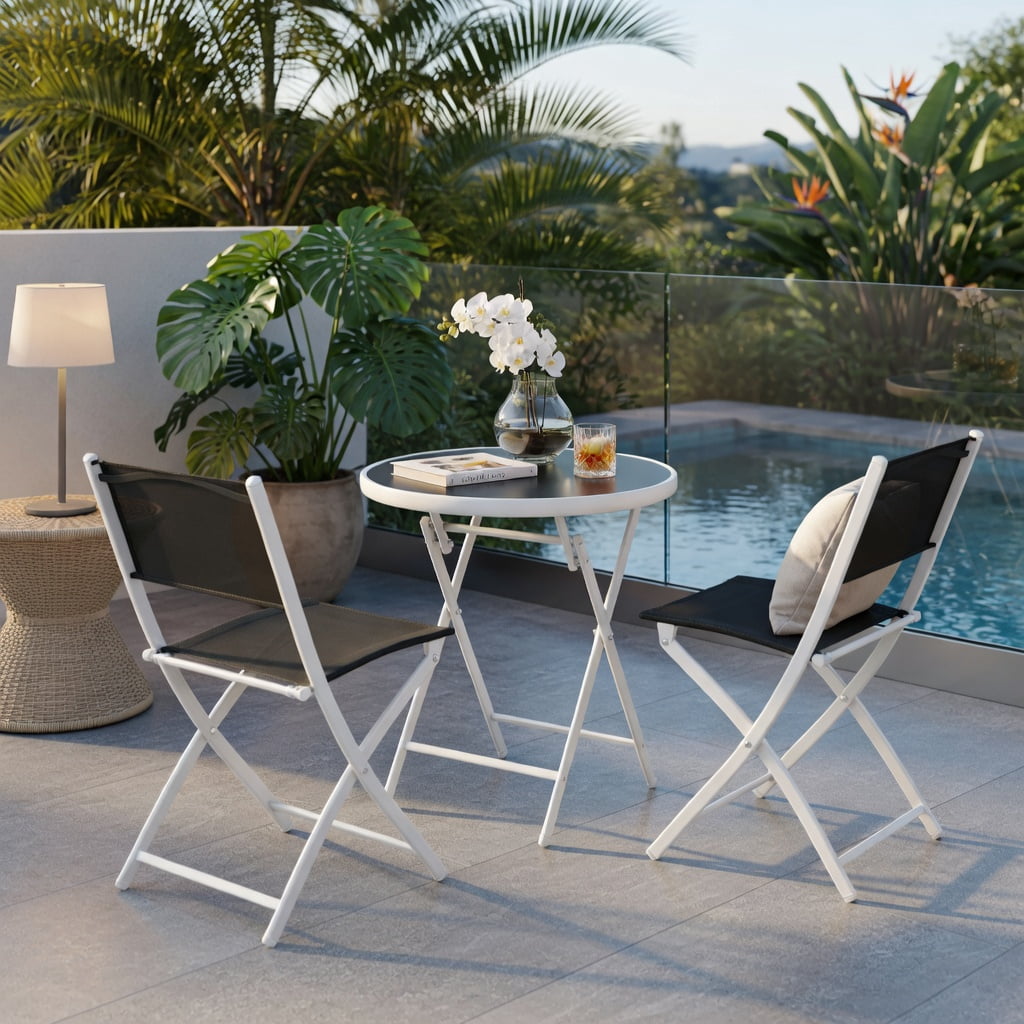 Hommoo 3-Piece Folding Outdoor Bistro Set, 2 Steel-Frame Chairs + Tempered Glass Coffee Table for Balcony, Patio & Deck, Black
