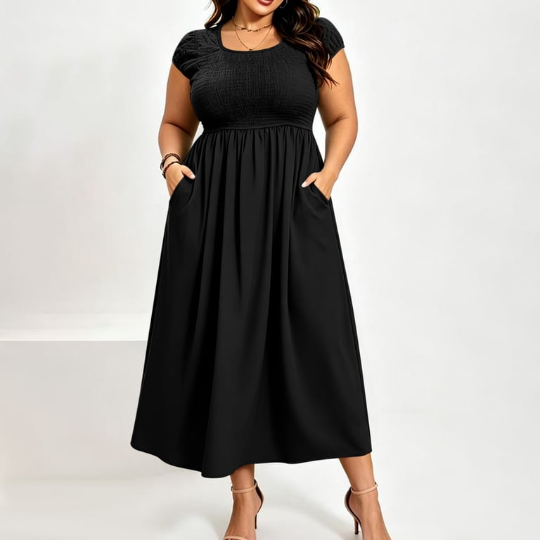 plus size empire waist midi dress Efsteb Midi Dresses for Women Plus Size Smocked Pleated Maxi Dress Short Sleeve Empire Waist Summer Fashion Casual Long Dress with Pockets (Black,XXXL