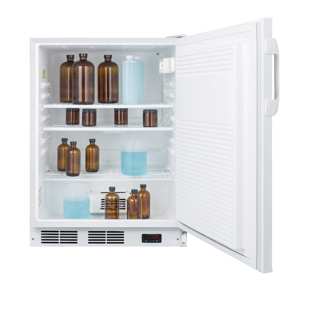 ADA compliant 24" wide auto defrost commercial all-refrigerator with lock, digital thermostat, internal fan, and access port for user-provided monitoring equipment