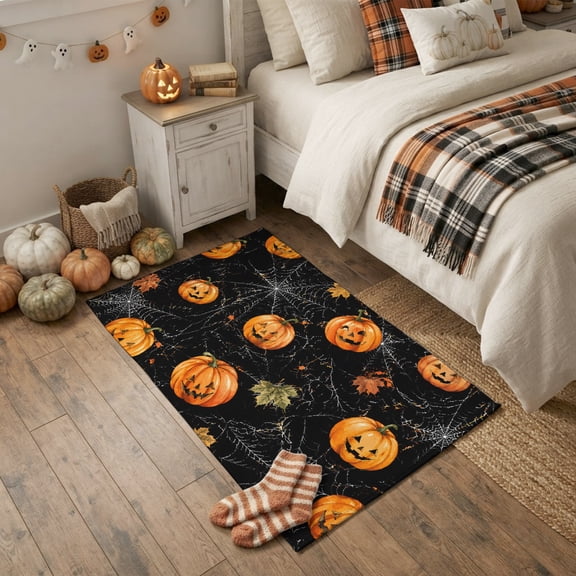 2x3ft Rectangle Rug,Halloween Scary Pumpkins Washable Area Rugs Non-Slip Accent Rug Spiderwebs on Black Soft Circle Carpet for Living Room Bedroom Home Office Decor