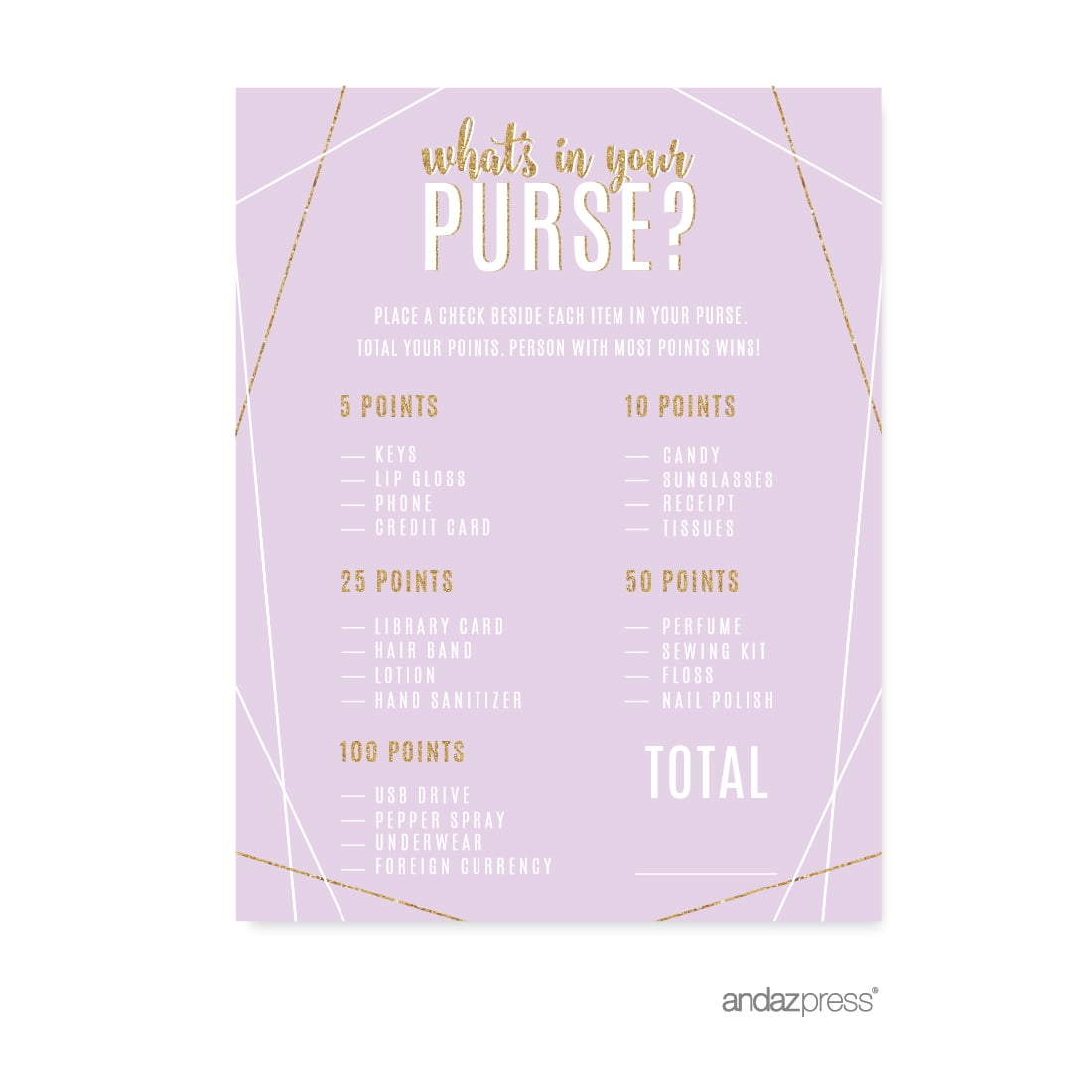 Koyal Wholesale Lavender Gold Glitter What’s In Your Purse Party Game Cards 20-Pack