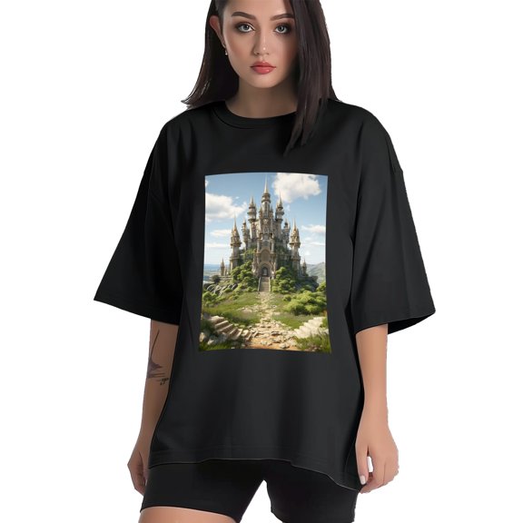 Plus Size Shirt for Women Black Tops for Women Short Sleeves Shirt for Women Castle (24） T Shirt Crewneck Shirt for Women XS