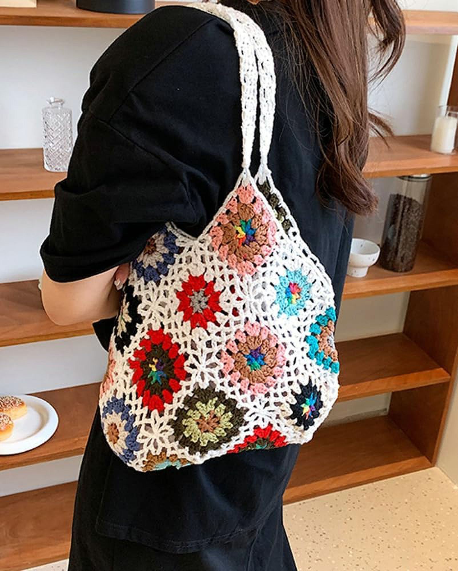 Kukuzhu Cute Floral Knitted Shoulder Bag Women Aesthetic Fairy Y2k Hobo Bag Crochet Small Hand Woven Beach Mesh Tote Purse