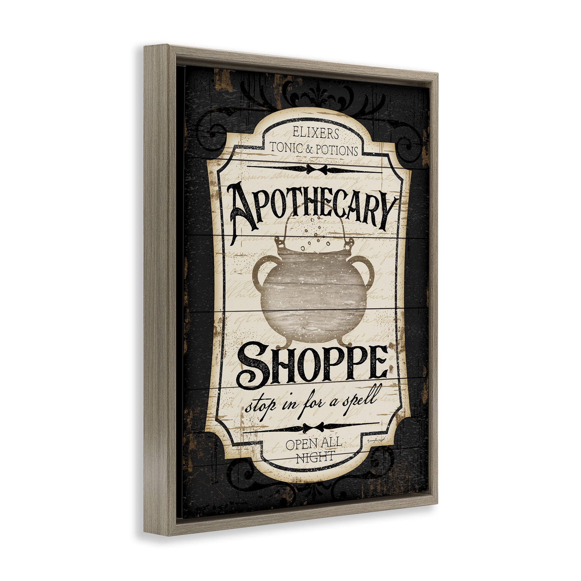 Stupell Industries Apothecary Shoppe Spooky Sign Holiday Painting Brown Floater Framed Canvas Art Print Wall Art, 17 x 21