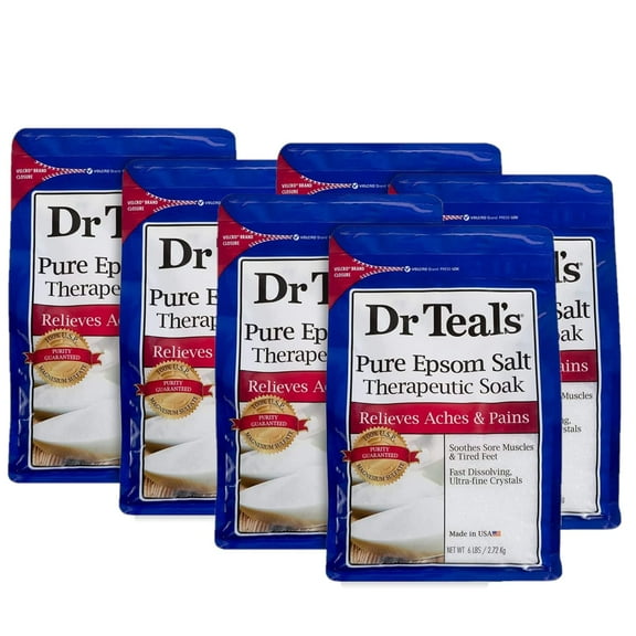 Dr Teal,S Pure Epsom Salt Soaking Solution Value 6 Pack (36Lbs Total) - Unscented Epsom Salt, Ultra Fine - Relax Tired Muscles - Six 6Lb Bags - Calming Epsom Bath - Fragrance Free.
