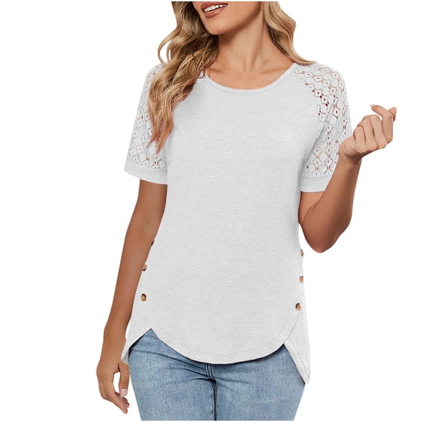 Blusas de Trabajo de las Mujeres Color Sólido Encaje Patchwork Botón Blusa Casual 95% Poliéster 5% Spandex, Top de Doblado Irregular para el Uso Diario