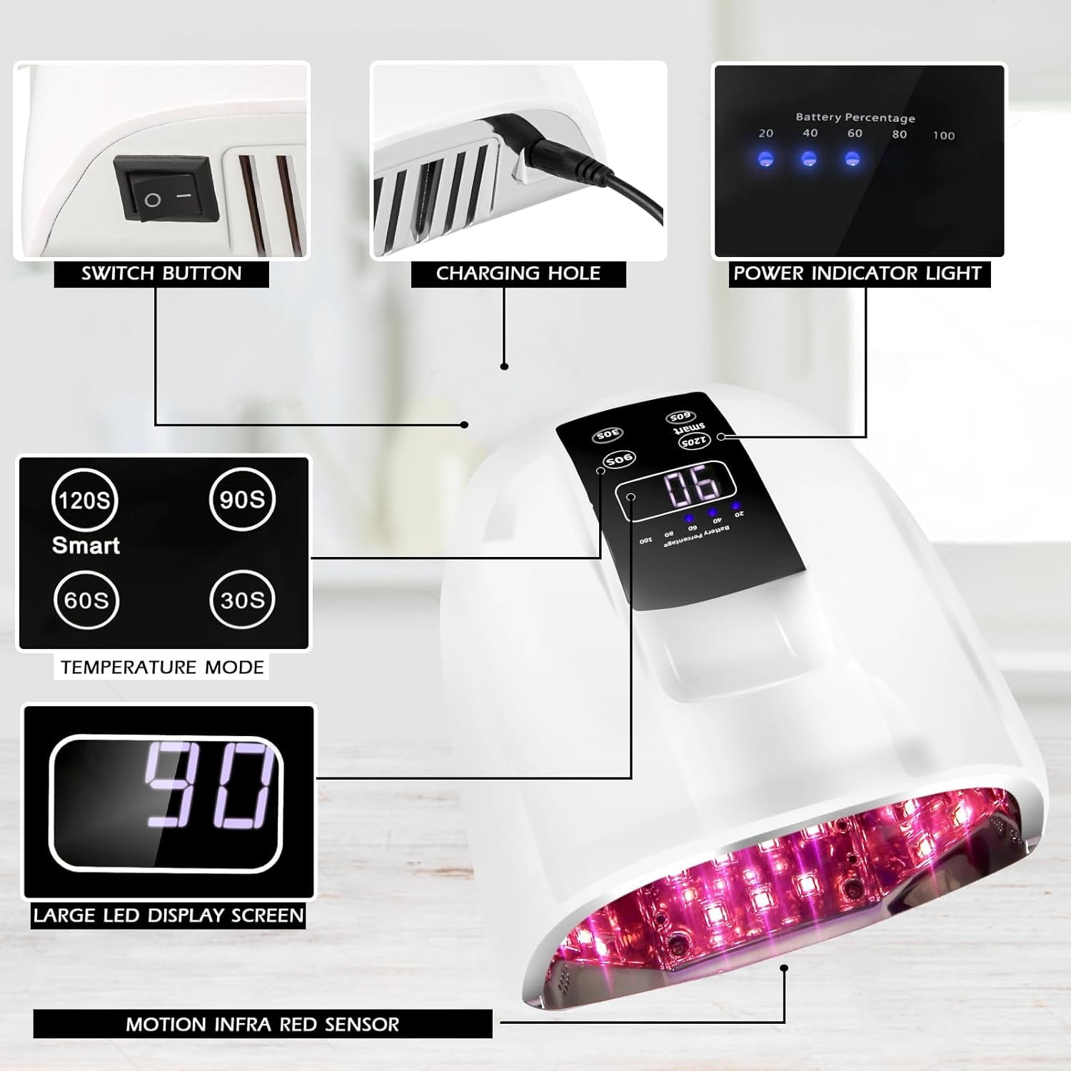90W Professional Wireless Cordless Rechargeable UV LED Nail Lamp,Nail Lamp Gel Nail Curing Dryer Light for Nails with 45 Beads,4 Timer Setting LCD Display Nail Polish Machine
