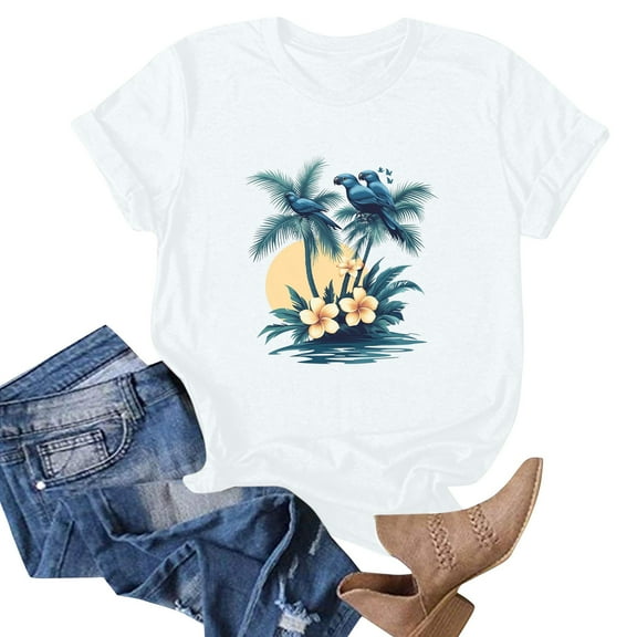 Women's Soft Stretchy Hawaiian Floral Print Short Sleeve T-Shirt, Loose Fit Casual Summer Beach Top for Vacation & Travel One Size Xl