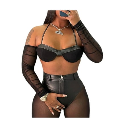 

Nokpsedcb Women Patchwork Tops Pants 2PCS Set Adults Female See-through Mesh Solid Color Bra Tops High Waist Trousers Black Tops S
