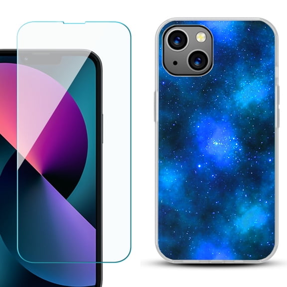 Slim-Fit Gel TPU Phone Case for iPhone 13 Mini, with Tempered Glass Screen Protector, by OneToughShield ® - Cosmos/Stars