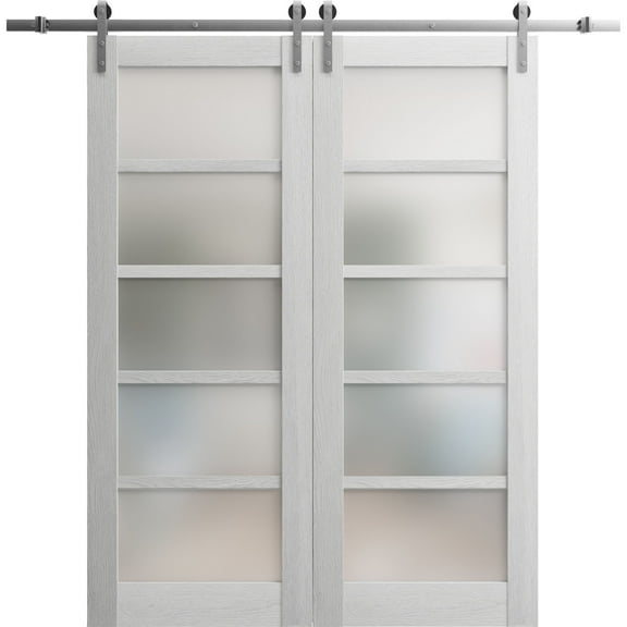 Sturdy Double Barn Door 56 x 80 inches | Quadro 4002 Light Grey Oak with Frosted Glass | 13FT Rail Hangers Heavy Set | Solid Panel Interior Doors