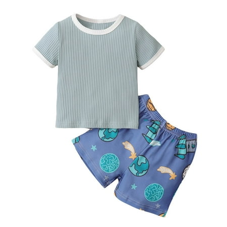 

KIMI BEAR Infant Boys Outfits Casual Gray Blue Pit Strip Short Sleeve T-Shirt + Print Shorts 2PCs Set 12-18 Months