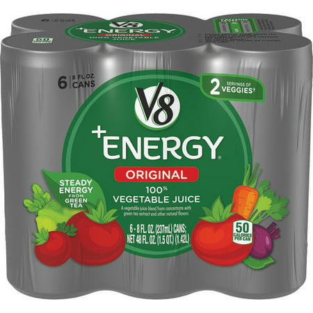 V8 +Energy, Healthy Energy Drink, Natural Energy from Tea, 100% Vegetable Juice, 8 Ounce Can (Pack of
