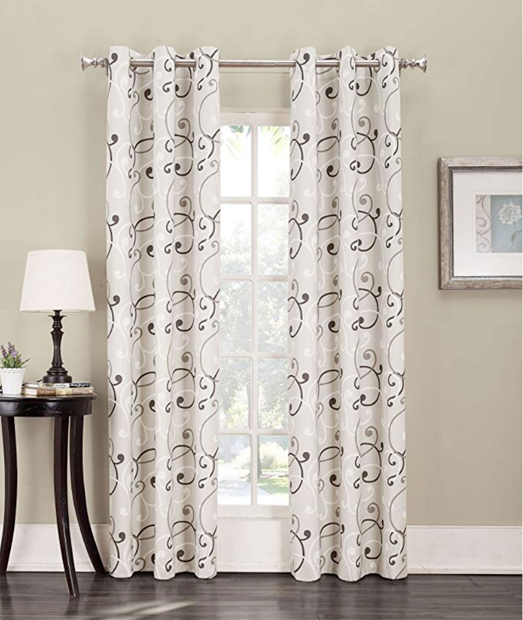 Tilda Scroll Print Grommet Curtain Panel, 48" x 84", Natural Tan