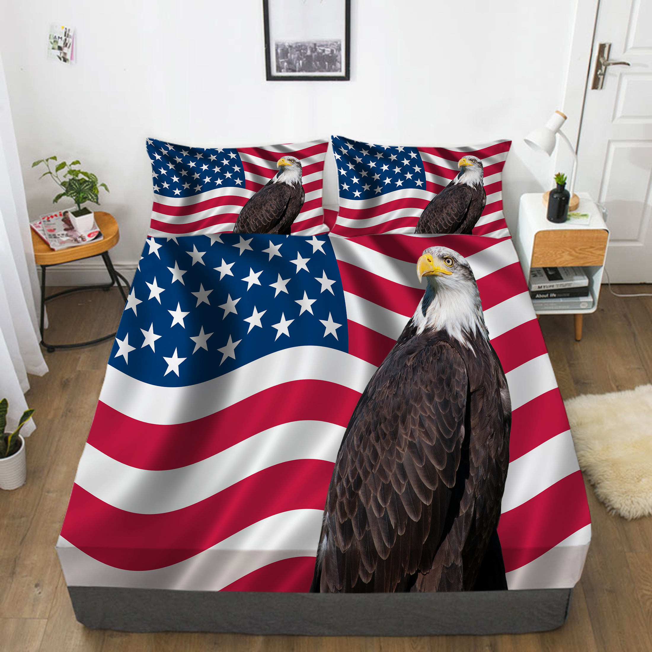 3D Fitted Sheet Set US Flag Bedding Set Eagle Bed Cover Luxury