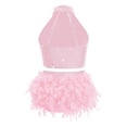 thumbnail image 4 of SiiRoh Kids Girls Sparkly 2 Piece Dance Outfit Halter Latin Jazz Dance Crop Top and Feather Briefs Fringe Skirt Pink 12, 4 of 6