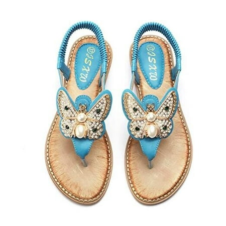 

Women s Flat Sandals Butterfly Bohemian Rhinestone T-Strap Flip-Flop Dress Shoes Size 10