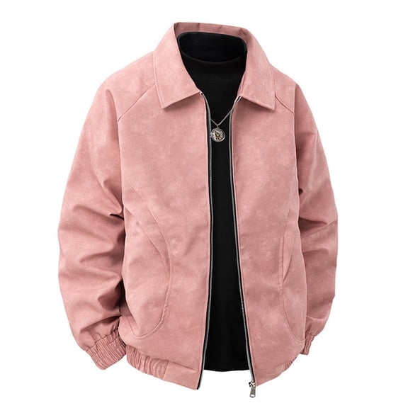 Gtoiithly Men's Casual Lapel Collar Jacket Biker Motorcycle Jackets Long Sleeve Full Zip up Cardigan Outwear Coat with Pockets Pink-1 XXL