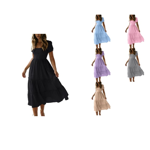Antinious Ladies Short Sleeve Solid Elastic Waist Round Neck Casual Mid-Calf Dress