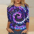 thumbnail image 1 of Honeeladyy - Camisetas casuales para mujer, manga 3/4, cuello redondo, color liso, verano, estampado tie-dye, holgadas, ropa de calle (morado, XL), 1 of 5