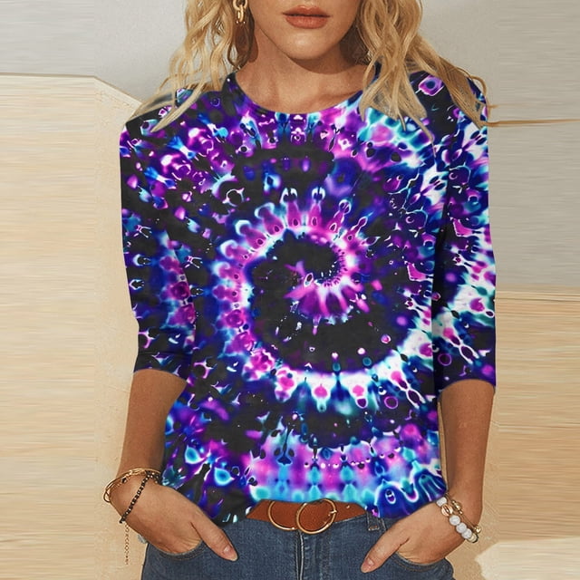 Honeeladyy - Camisetas casuales para mujer, manga 3/4, cuello redondo, color liso, verano, estampado tie-dye, holgadas, ropa de calle (morado, XL)