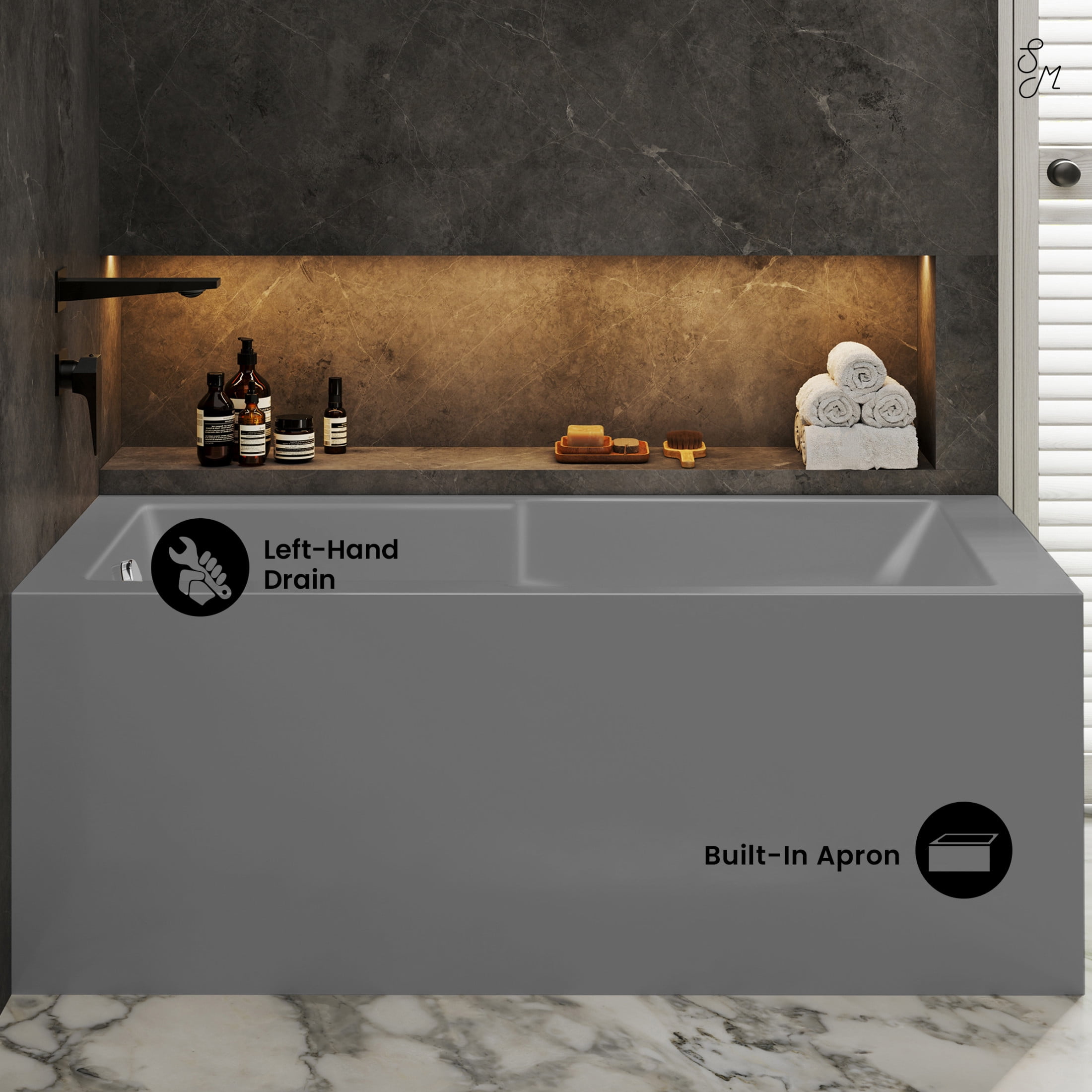 Claire 60 x 32 Left Drain Soaking Alcove Corner Apron Bathtub in Matte Gray