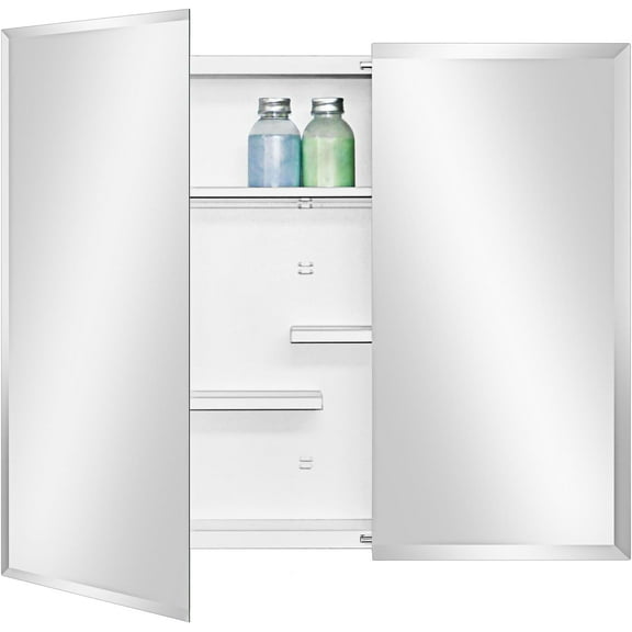 White Medicine Cabinet Recessed or Surface Mount, Bathroom Medicine Cabinet with 30 x 24 Beveled Edge Mirror Size and Adjustable Staggered Shelves