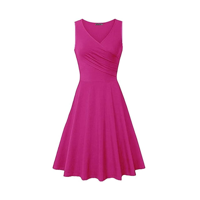 WTXUE Robes Chemises, Robes Chemises Sans Manches pour Thé à Col en V, Robe Décontractée pour Femmes Robe T-Shirt Ajustée Robe Évasée Robe Unie Froncée Robe Unie Mi-Longue pour Femmes, Rose Taille M
