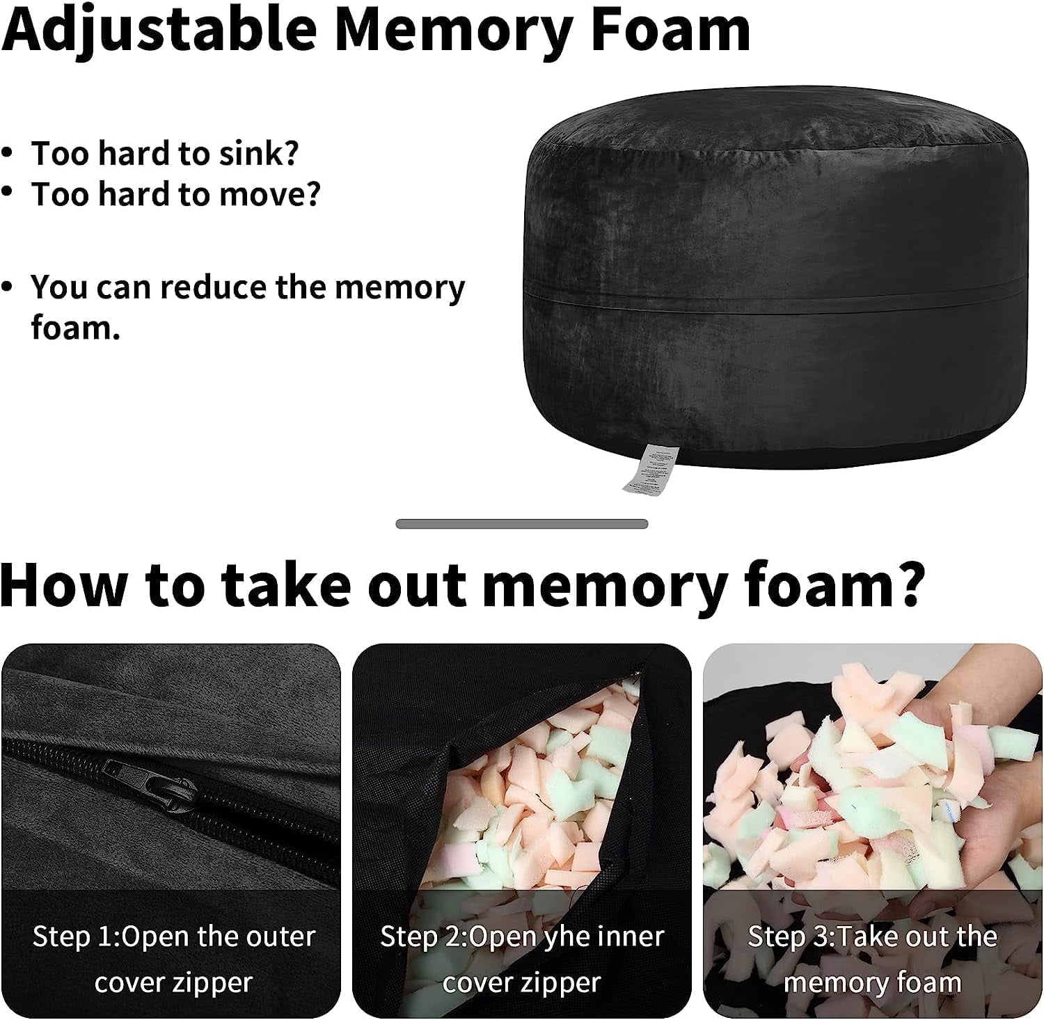 4 ft Bean Bag Chair, Memory Foam Bean Bag Chairs with Filling for Adults, Teens and Kids, Plush Lazy Sofa with Soft Velvet Cover for Living Room, Black