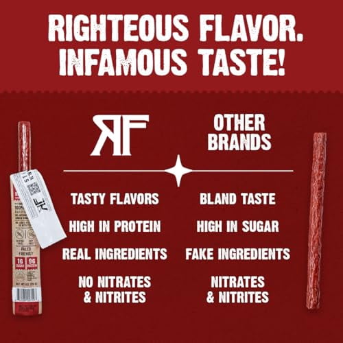 Righteous Felon Grass-Fed Meat Sticks - Low Sugar, High Protein Beef - OG Hickory, 24 pack