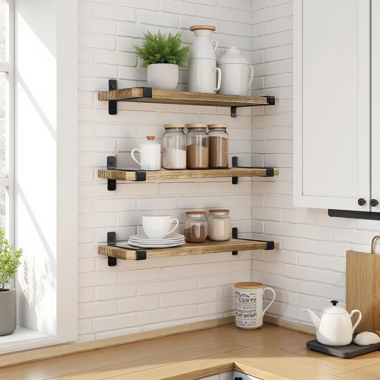 Afuly Rustic Floating Shelves for Wall, 16in Wood Floating Shelf Set of 3 , Brown Wall Shelves with Metal Brackets, Hanging Shelf for Living Room, Bathroom, Kitchen, Home Decor and Storage