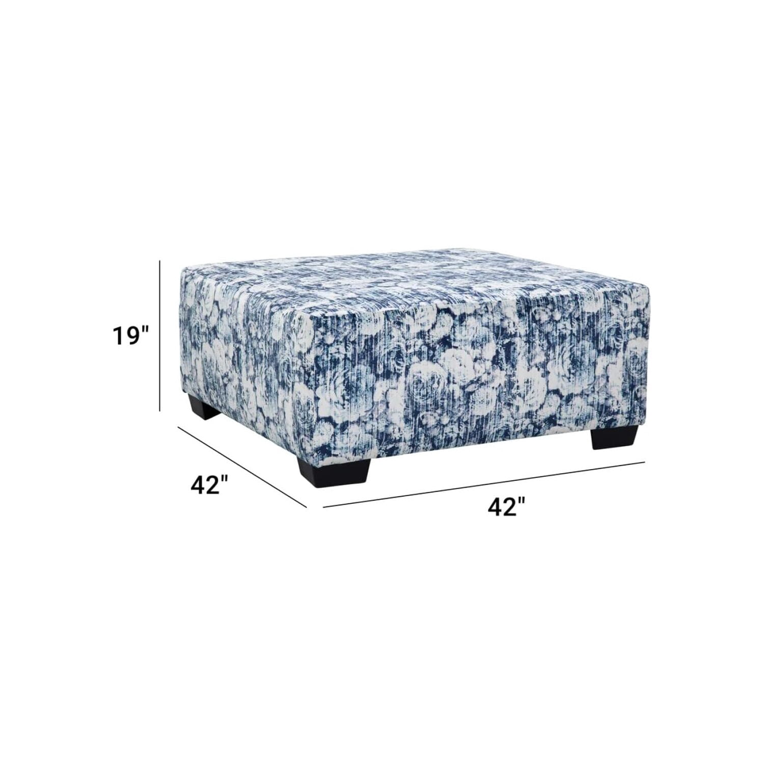 Maykoosh Vintage Visions Casual Comfort Series Blue Floral Square Upholstered Ottoman with Black Base Legs - 42"D x 42"W x 19"H