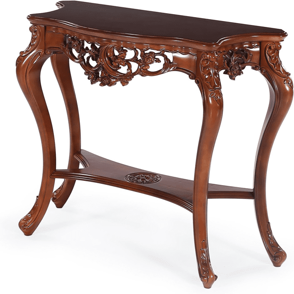 38-Inch Vintage Carved Console Table, 2-Tier Distressed Brown Entryway Table with Hollow Floral Motifs, Victorian Style for Living Room & Hallway