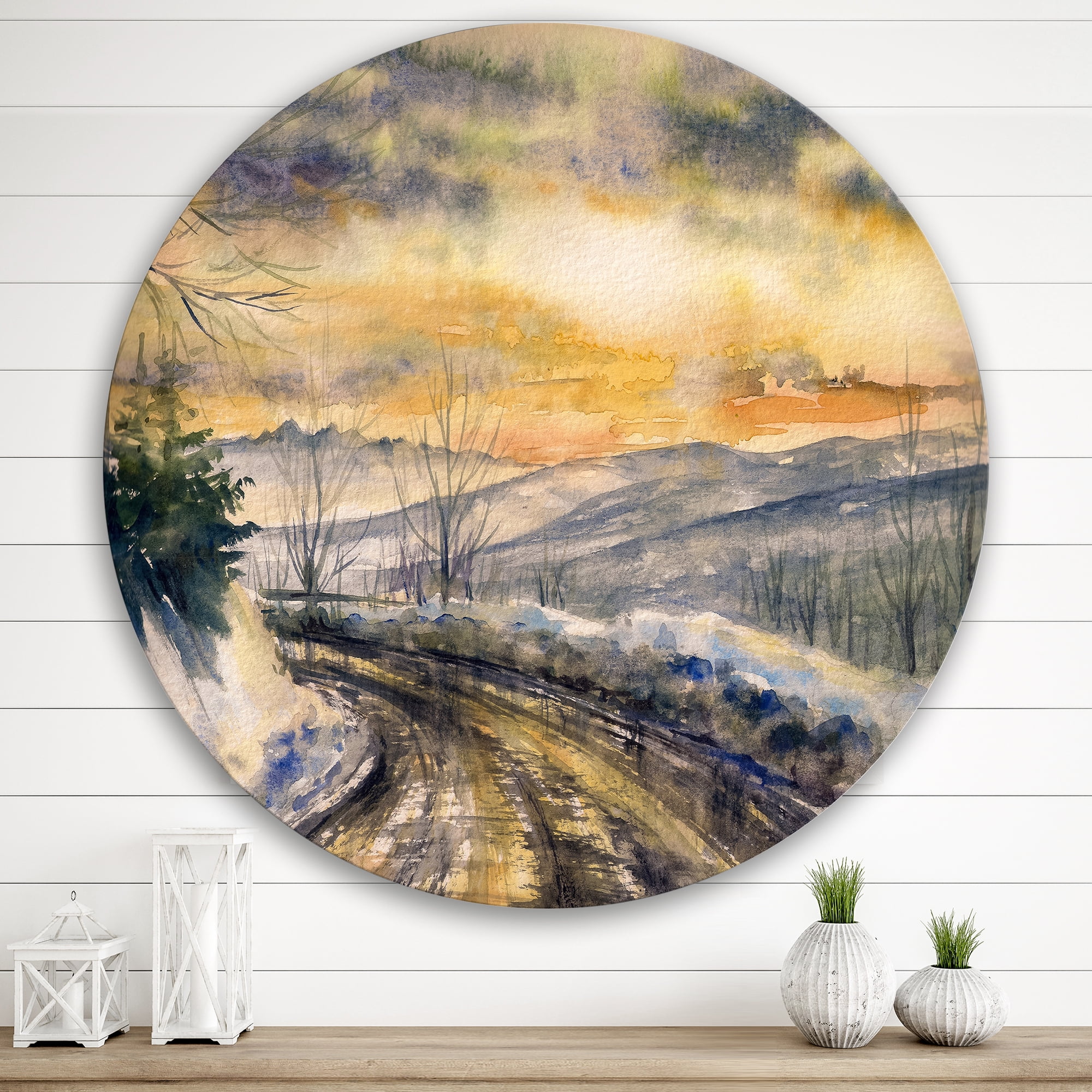 Designart 'Road Under Bright Sunset With Winter Landscape' Traditional Circle Metal Wall Art 29x29 - Disc of 29