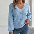 thumbnail image 5 of Cable Knitted Sweaters for Women Long Sleeve V Neck 3 Button Solid Tunic Pullover Tops Trendy Jumper Fall 2025 Blue,L, 5 of 6