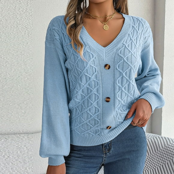 zanvin Sweaters for Women,Women Fashion Casual Button Long Sleeve V-Neck Keeping Warm Outing Sweater,Blue,M