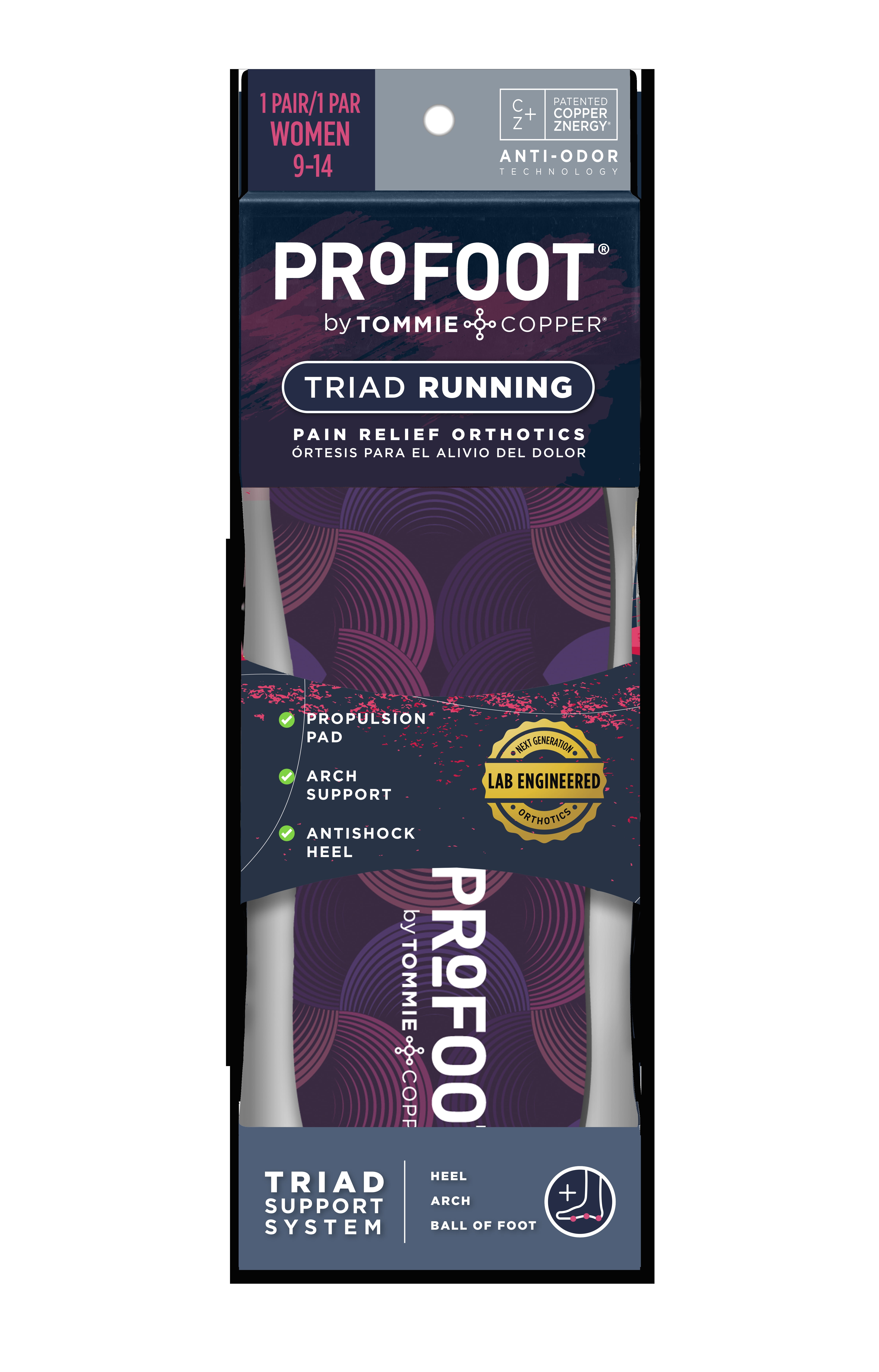 (2 pack) ProFoot Full Length Triad Running Orthotic Insole for Knee, Leg & Back Pain, Womens 6-11, 1 Pair