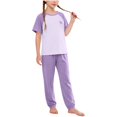 thumbnail image 2 of Amidoa Girls 2 Piece Outfits Summer Clothes Short Sleeve Cute T-Shirt and Casual Shorts Kids Clothing Sets Purple Size 3T, 2 of 7