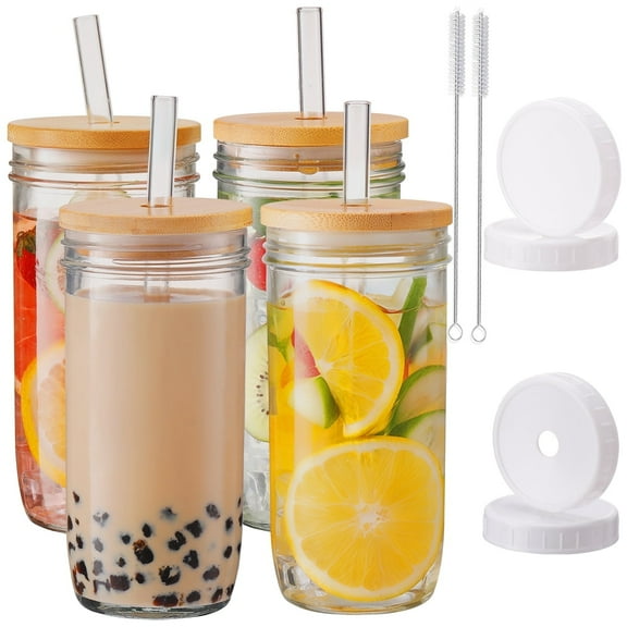 Glass Cups with Lids and Straws,24 oz Smoothie Cup with Lid and Straw- Boba Mason Jar,Wide Mouth Reusable Drinking Glasses,Iced Coffee Cups Glass,Vasos De Vidrio【4 Pack】