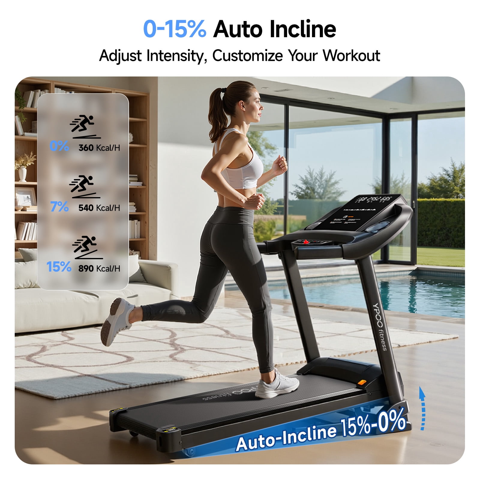 YPOO Folding Exercise Treadmill for Home Use, Walking Pad with Incline, 8 mph Running, Auto Fold, Compact, 300 lb Capacity for Small Spaces