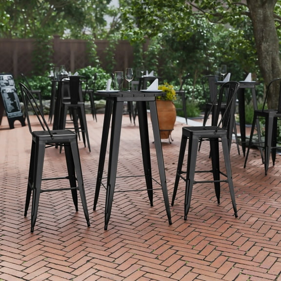 BizChair Commercial Indoor/Outdoor Bar Top Table, 23.75" Round All Weather Black Poly Resin Top with Black Steel base