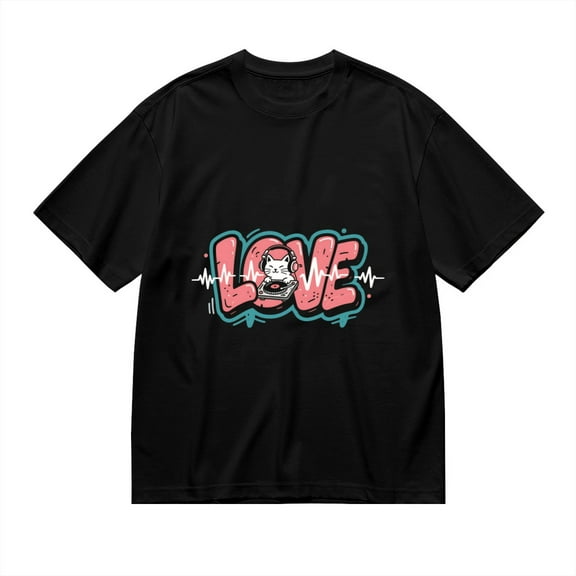 Black T Shirts for Men, Pink Love With DJ Cat, Graphic Mens Graphic Tees, 24936809,S