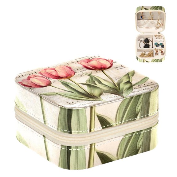 PhooArto Small Jewellery Box, Pink Tulips Flowers Music Portable Travel Mini Jewelry Case for Women Leather Ring Organizer