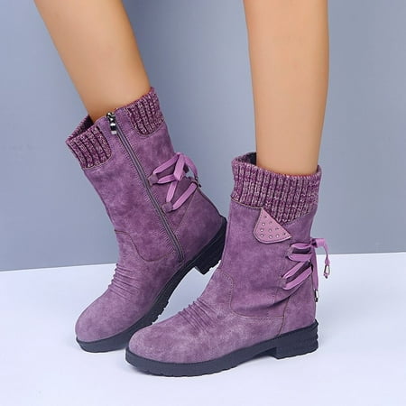 

FITORON Womens Mid Calf Boots- Autumn and Winter New Woolen Yarn Snow Boots Back Strap Plus Boots Purple 41