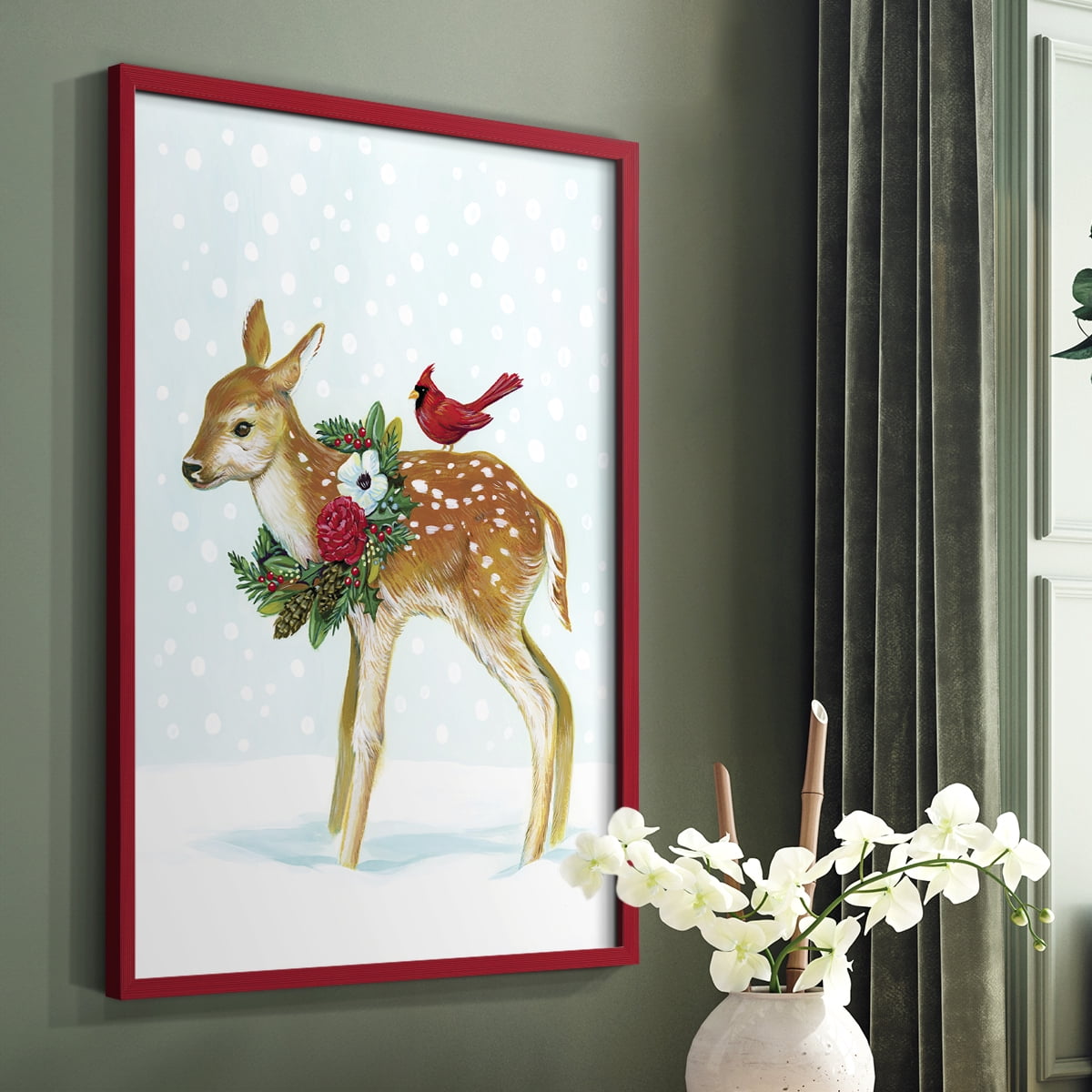 Winter Woodland Creatures with Cardinals II Framed Print - Solid Wood in Single Picture Frame Solid Wood 2 Framed Print