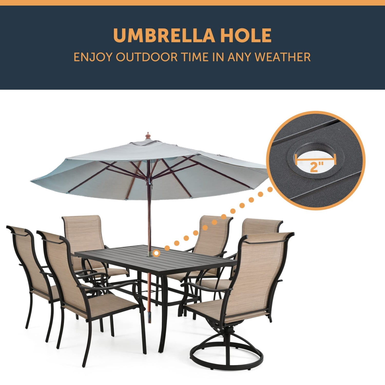 Patio Dining Table for 6, 60" Outdoor Metal Steel Slat Table with 2" Umbrella Hole, Backyard Garden Porch Dining Furniture, Dark Brown