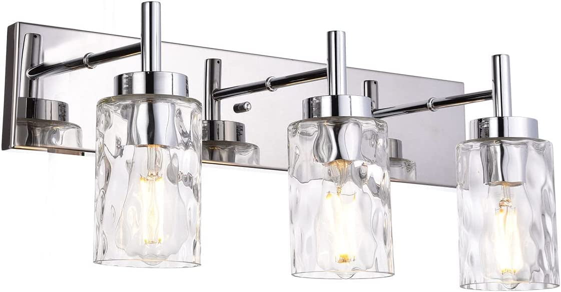 YIGOU Chrome Bathroom Light Fixtures with Clear Hammered Glass Shade, 3